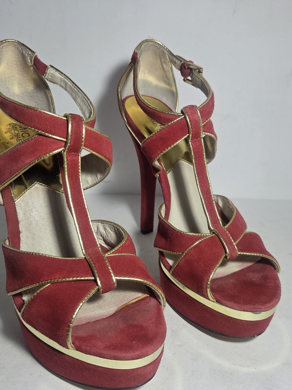 MICHAEL Michael Kors Red Suede Gold Trim Strappy Platform Stiletto Heels Sz 10M